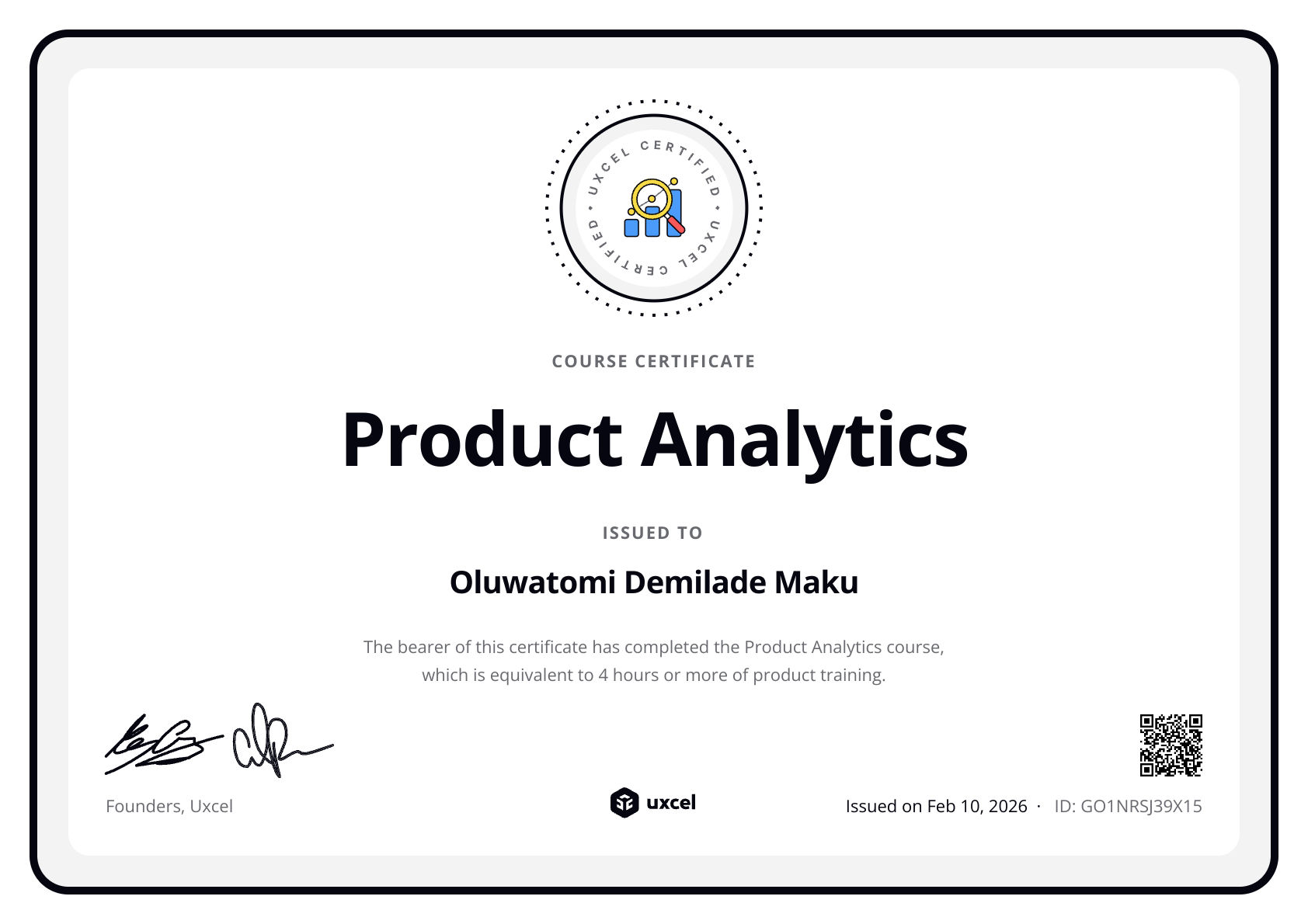 Oluwatomi Demilade Maku's certificate